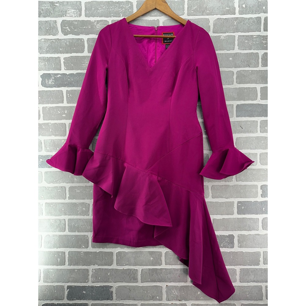 Focus by Shani Magenta Pink V-Neck Ruffle Asymmetrical Cocktail Dress Size 4